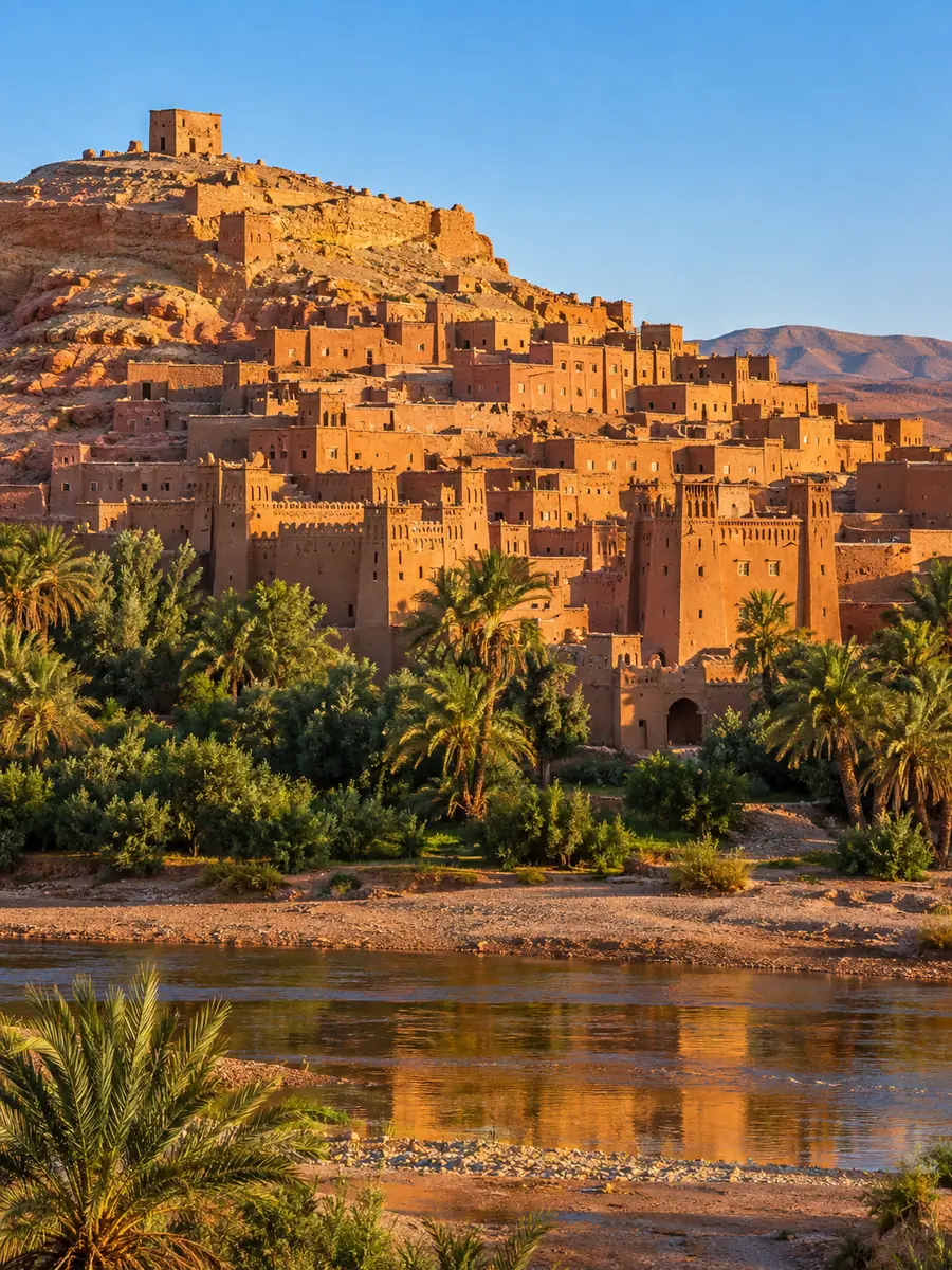 El ksar de adobe de Ait Ben Haddou alzándose sobre palmeras y un río