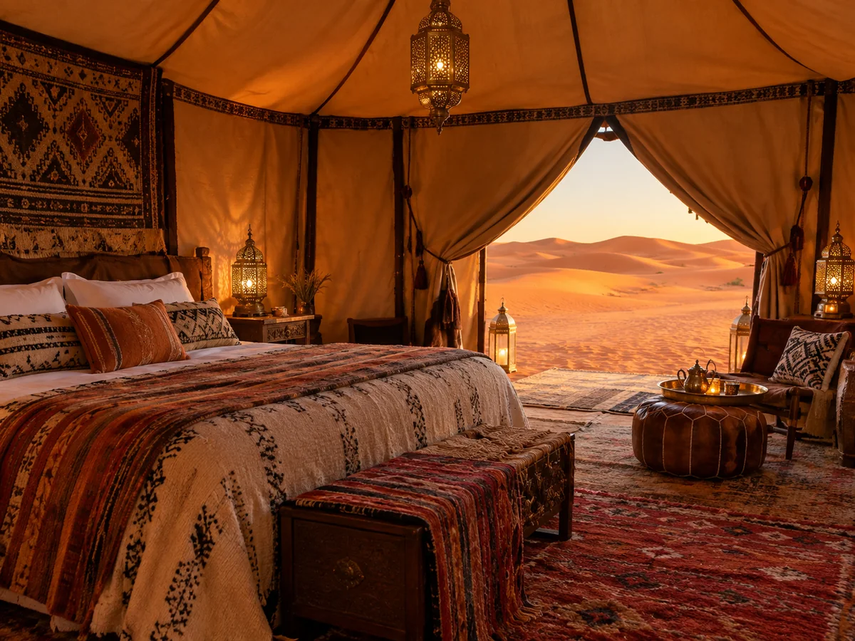 Interior de una tienda en el desierto con cama de matrimonio, alfombras y farolillos, con las dunas fuera