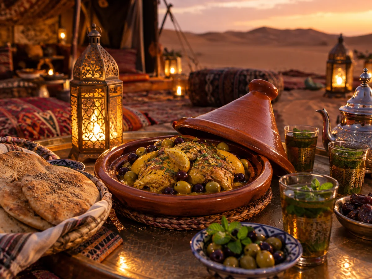 A tagine with olives, bread and mint tea on a low table